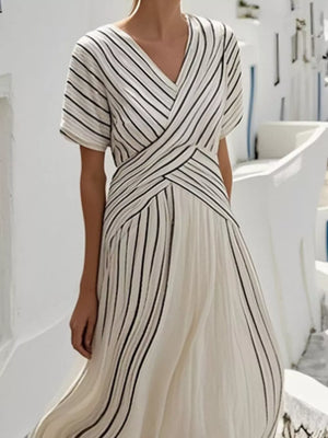 Full Size Striped Short Sleeve Wrap Maxi Dress in Beige