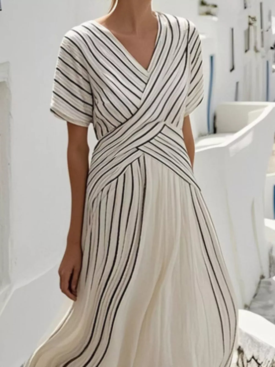 Full Size Striped Short Sleeve Wrap Maxi Dress in Beige