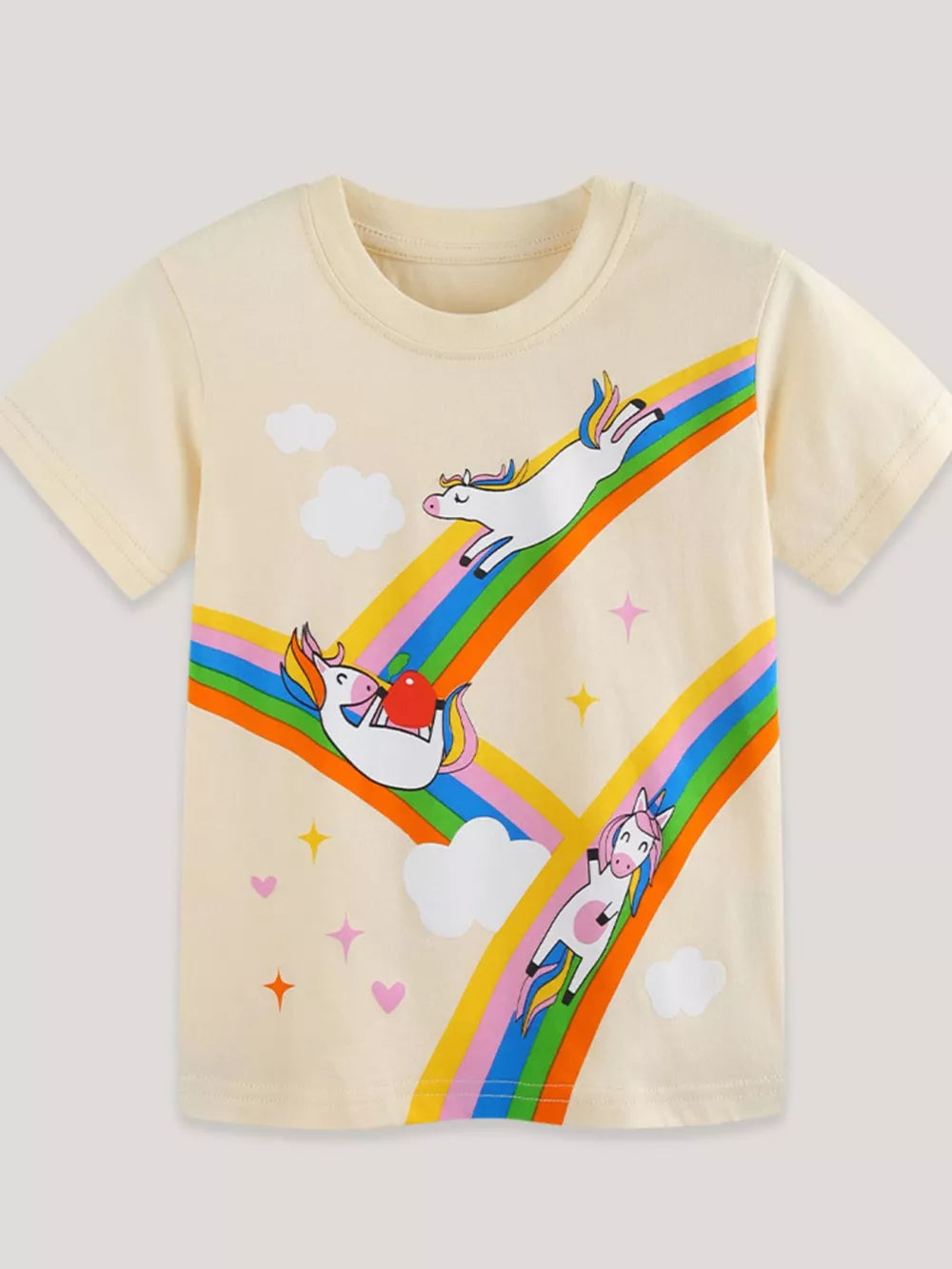 Cream cotton t-shirt with playful unicorn and rainbow graphic.