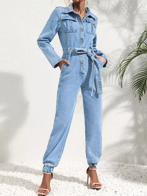 Button Front Belt Denim Jumpsuit in this colorway