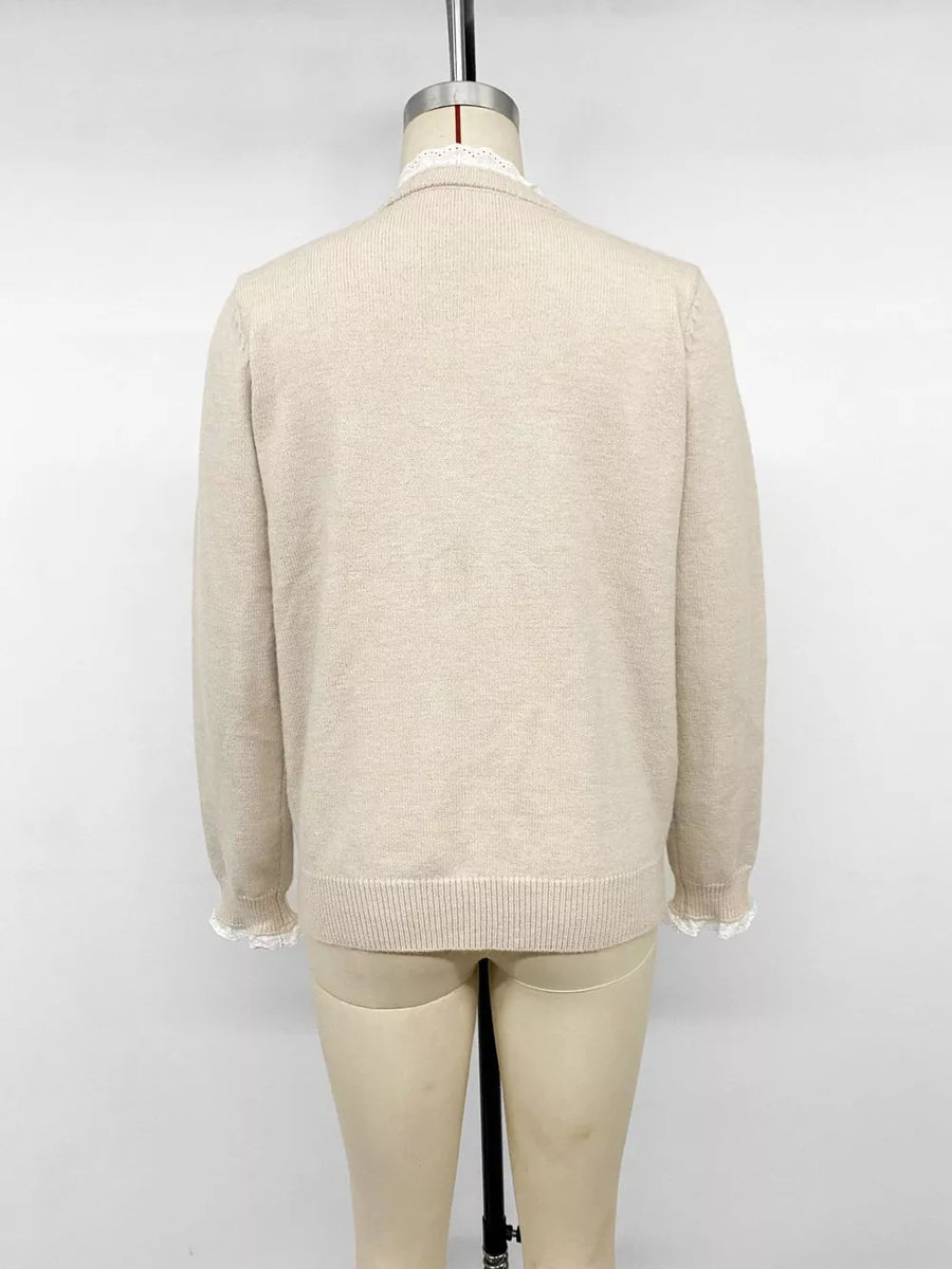 Elegant Lace Trim Round Neck Sweater in Apricot, view 12
