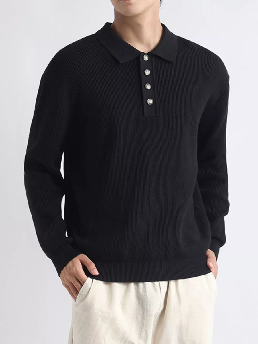 White pullover sweater with hip-length and half-button