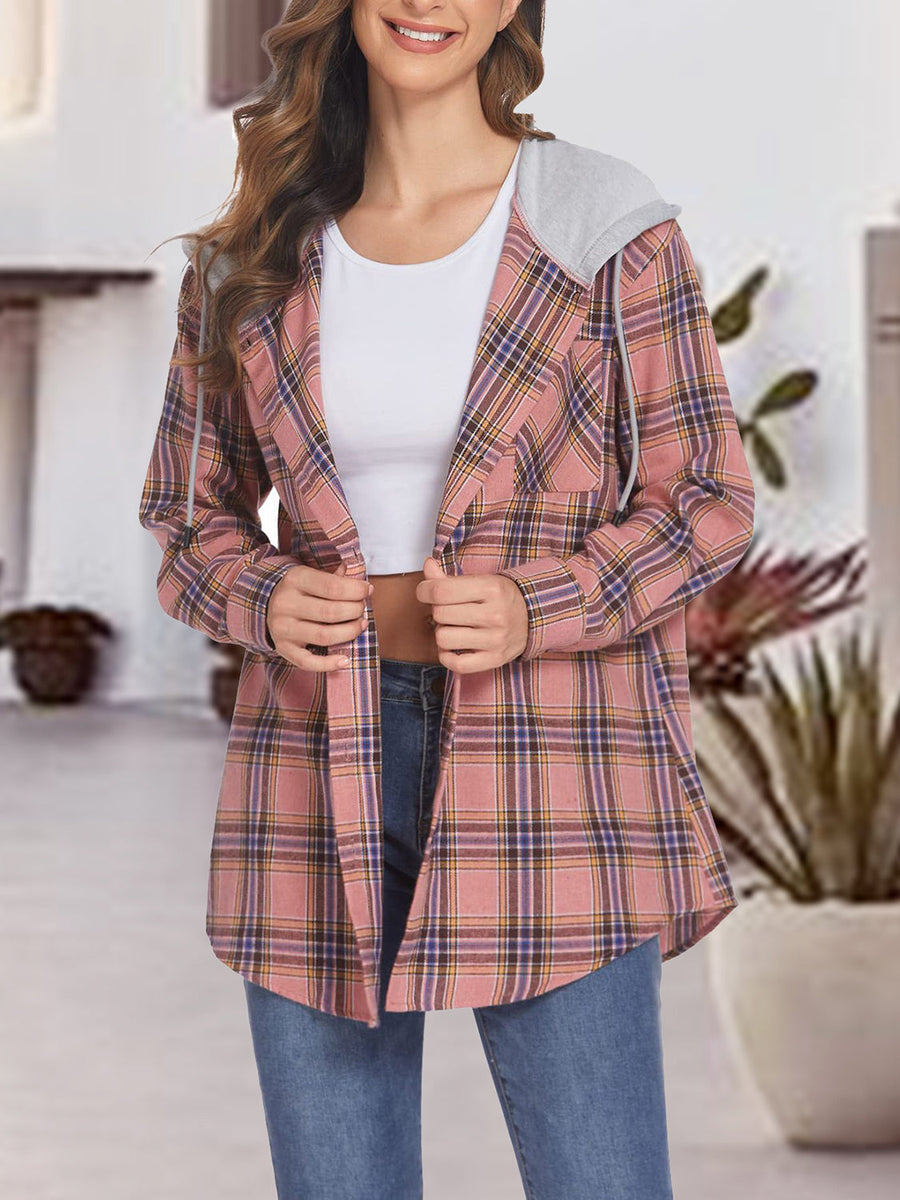 Plaid shirt jacket with contrast hood in pale blush, featuring a relaxed fit and open front.