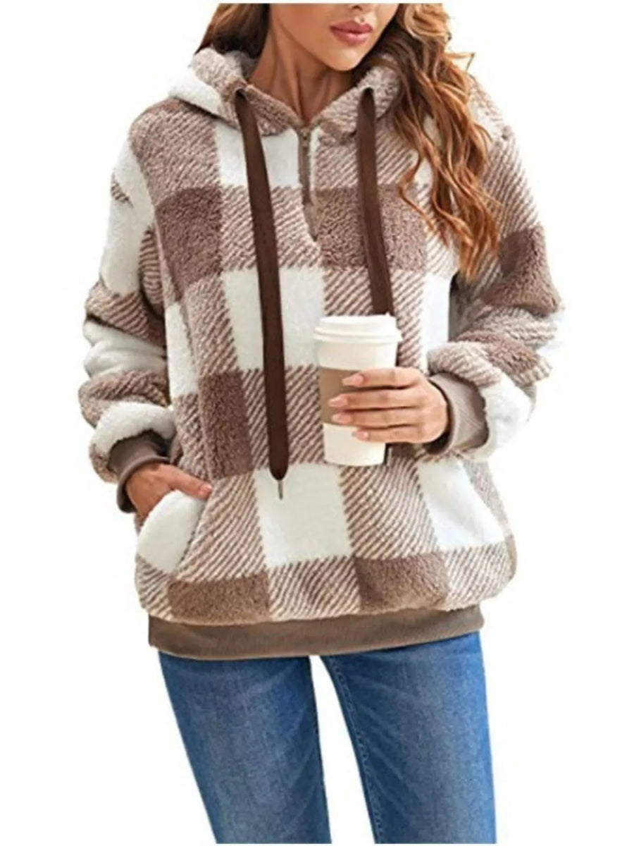 Plaid sherpa drawstring hoodie in brown and white with a quarter zip and front pocket.