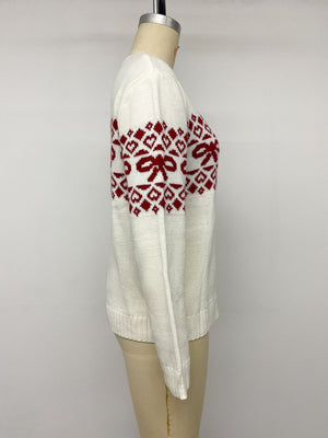 Bow Pattern Long Sleeve Christmas Sweater in White with ribbed cuffs