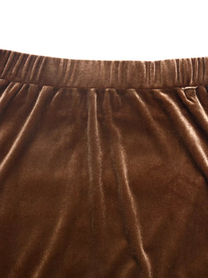 Brown velvet midi skirt with an elastic waistband and tiered detail.