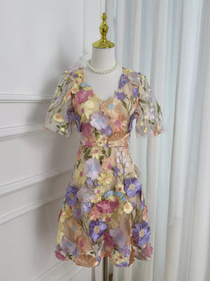 Sheer floral embroidered dress with V-neck and short sleeves.