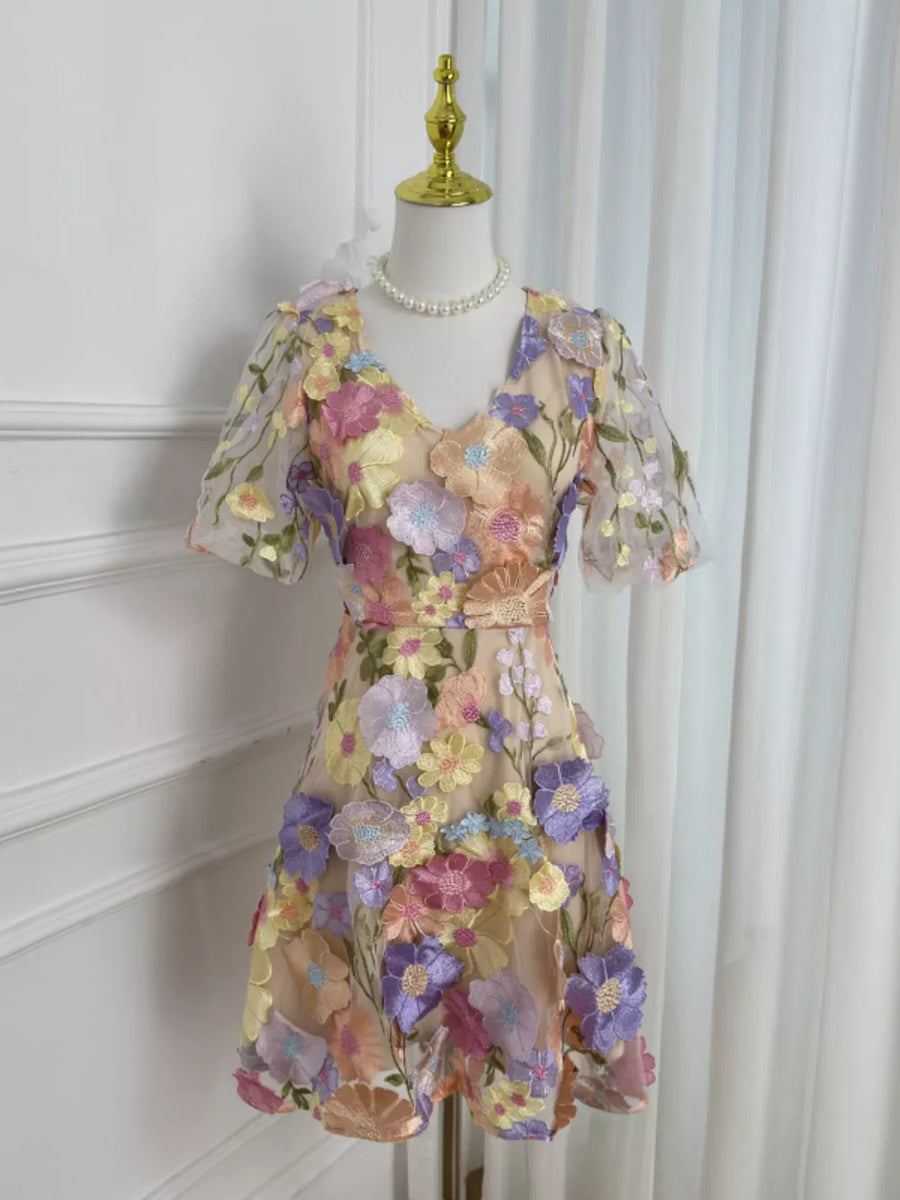 Sheer floral embroidered dress with V-neck and short sleeves.