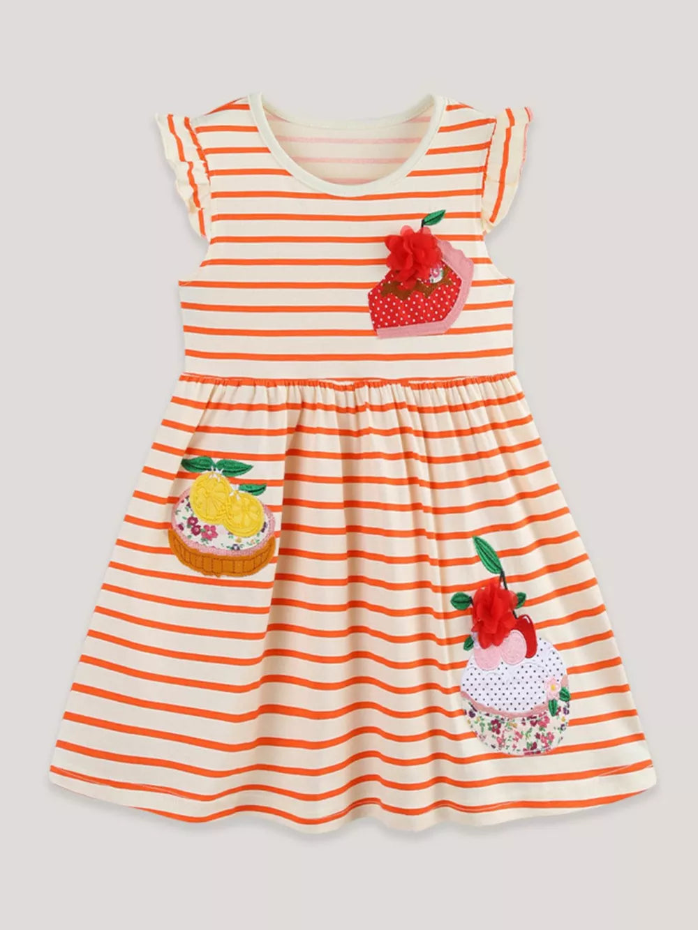 Toddler striped cotton dress with cupcake appliques and ruffled cap sleeves.