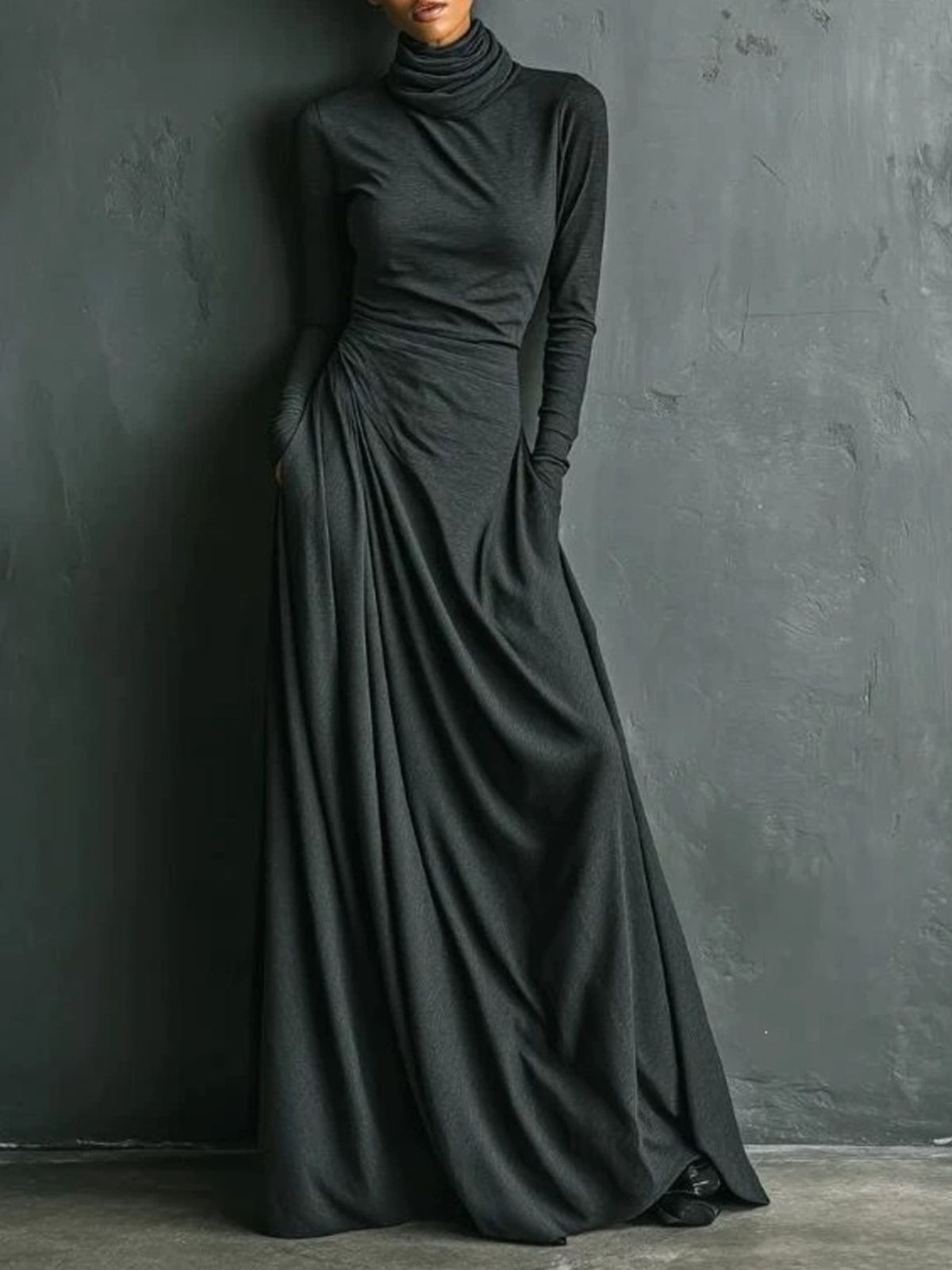 maxi dress in charcoal featuring ruched and relaxed fit