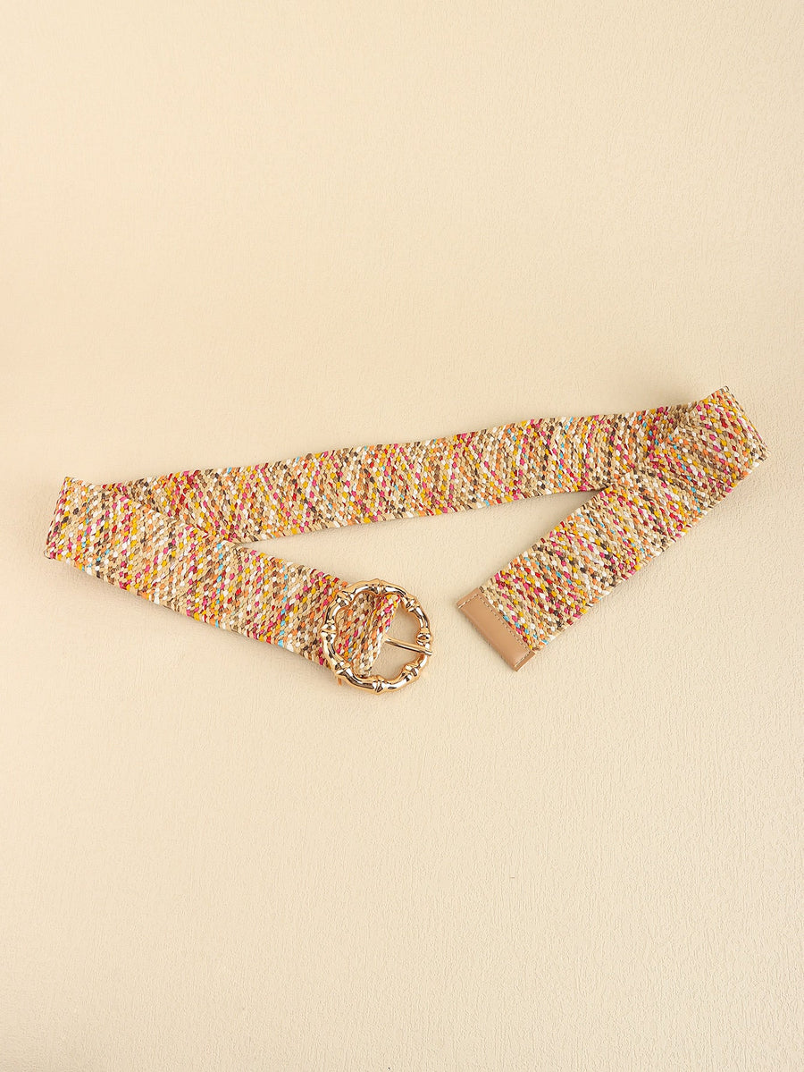 Multicolor woven raffia belt with a gold sculpted buckle.
