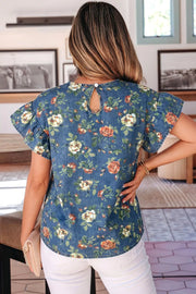 Denim floral blouse with short ruffled sleeves and keyhole back detail.