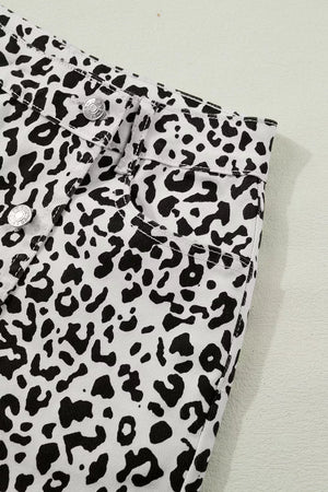 denim shorts featuring leopard-print in black with 56 texture