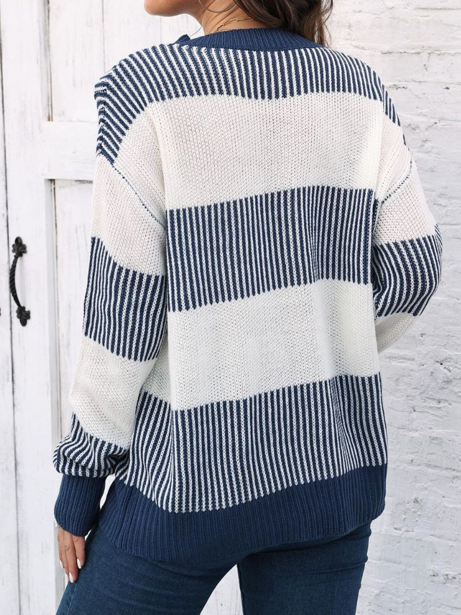 Striped Color Block Crew Neck Sweater Plus Size in Deep Red