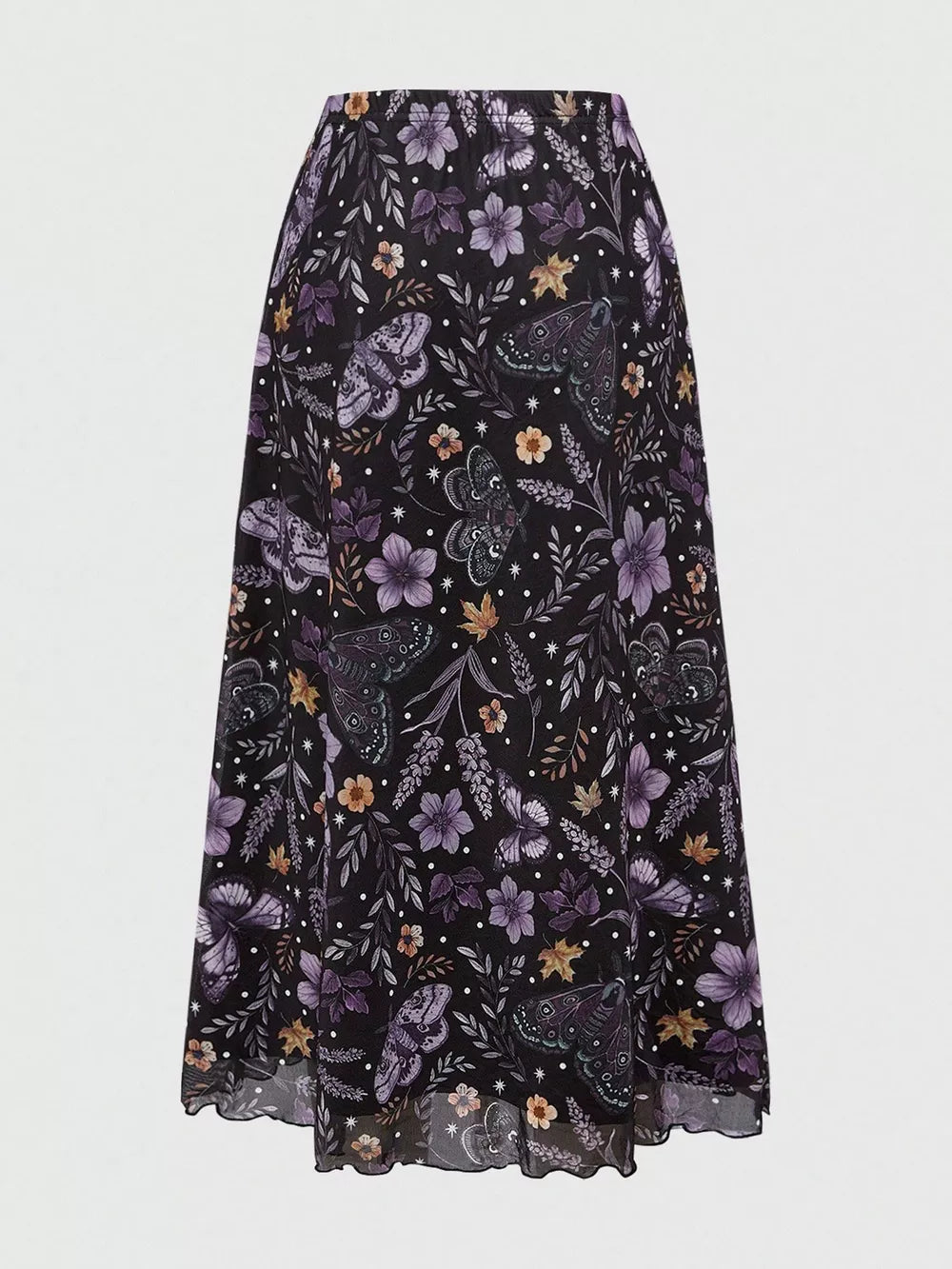Black midi skirt with a whimsical floral and butterfly print.