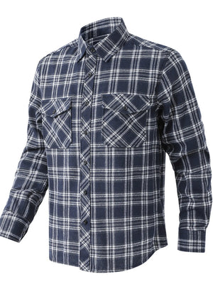 Men's navy blue plaid button-up shirt with two chest pockets.