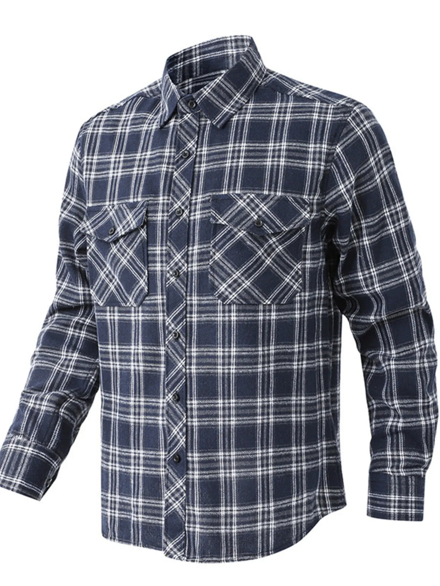 Men's navy blue plaid button-up shirt with two chest pockets.