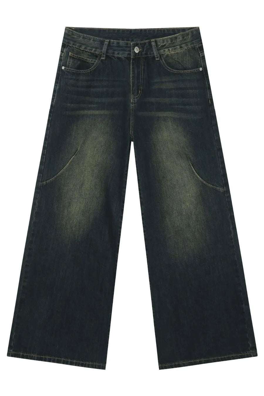 Faded wash palazzo jeans in dark denim with a wide leg and distressed details.