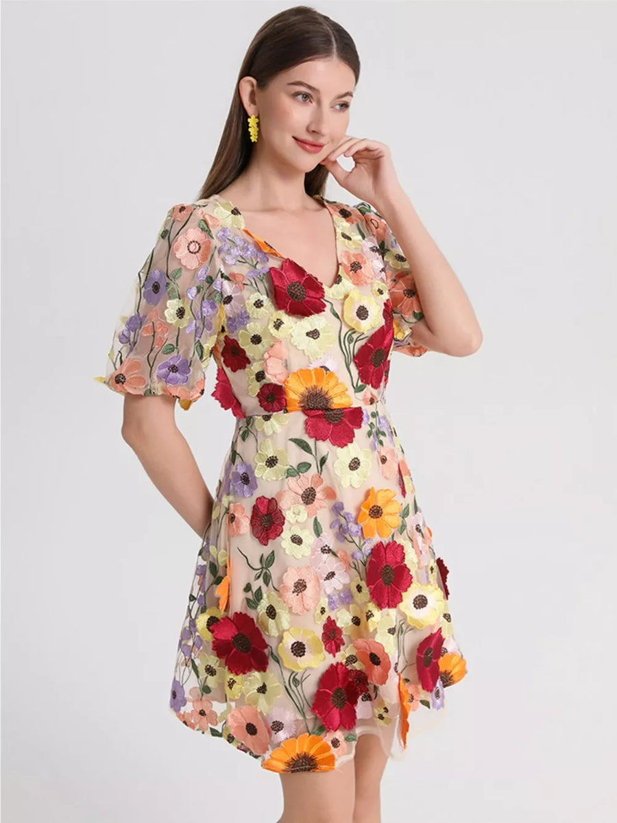 Sheer floral embroidered mini dress with V-neck and puff sleeves.