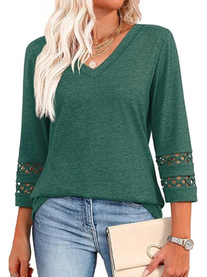 Dark green V-neck t-shirt with 3/4 sleeves featuring cutout details on the cuffs.