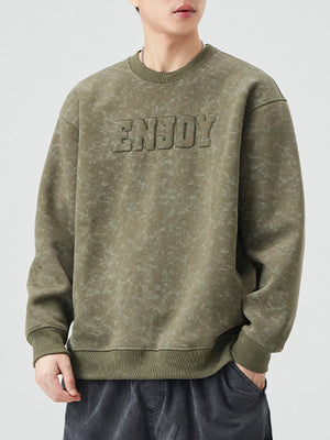 Men's Army Green long-sleeve sweatshirt with embossed "ENJOY" graphic and marbled pattern.