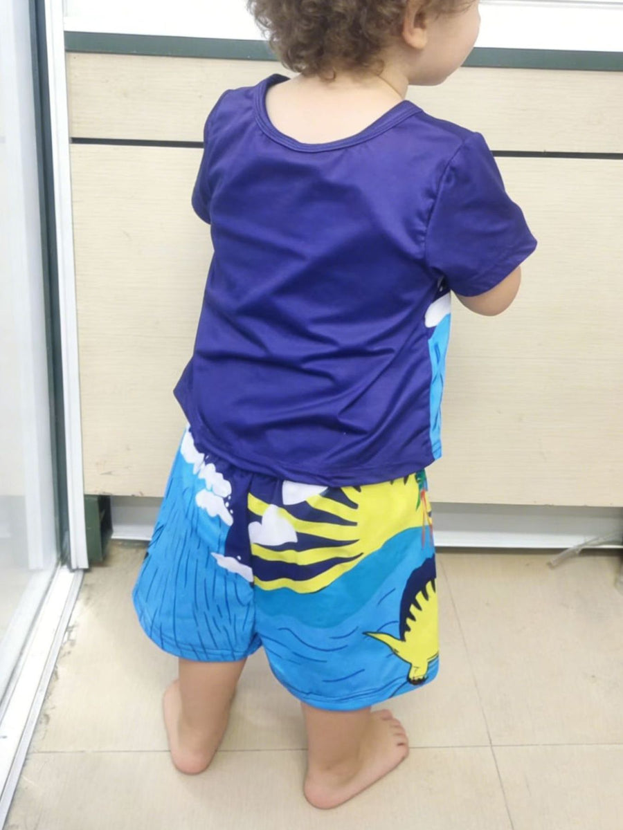 Toddler blue dinosaur graphic tee and shorts set with a round neckline and short sleeves.