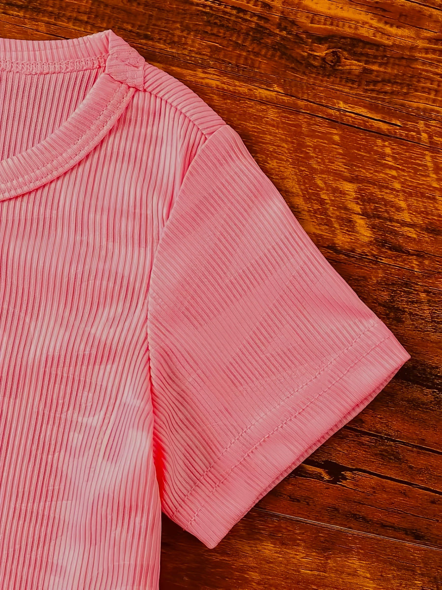 Pink ribbed knit tee with crew neck and short sleeves