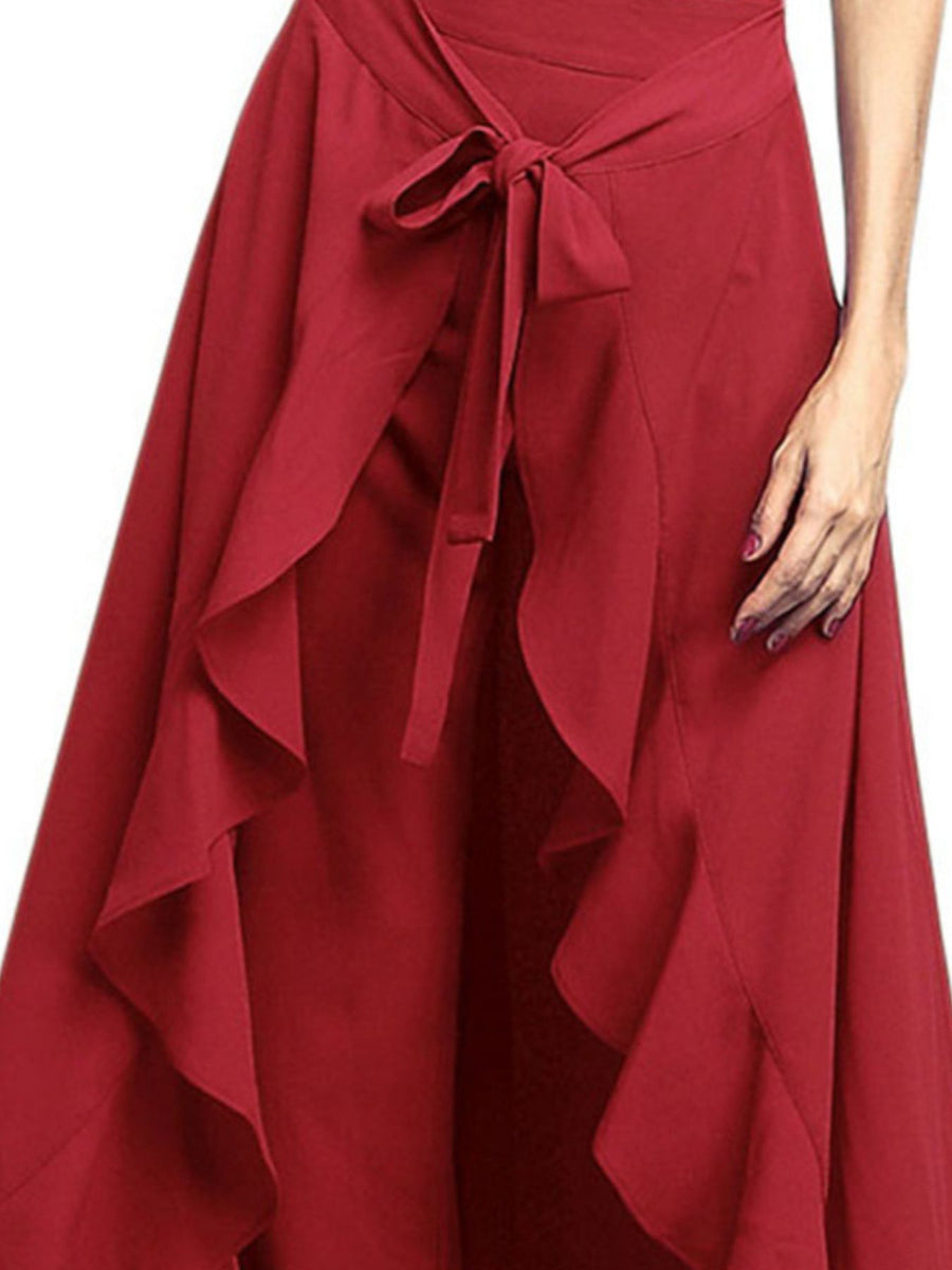 wide-leg pants in slate gray with tied and full-length