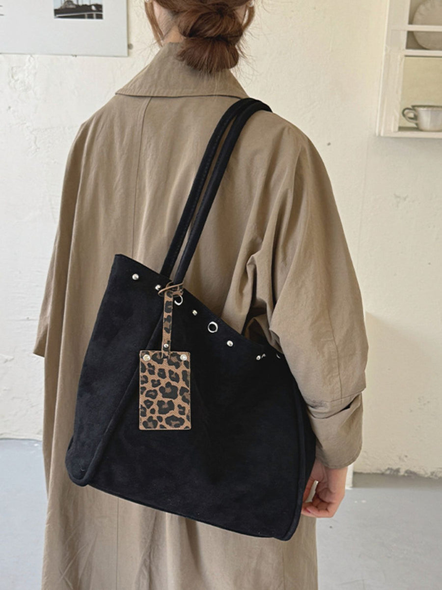 Studded Solid Suede Tote Bag in Black with studded