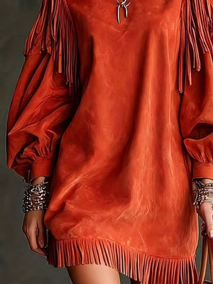 boho mini dress in Brown with round neck