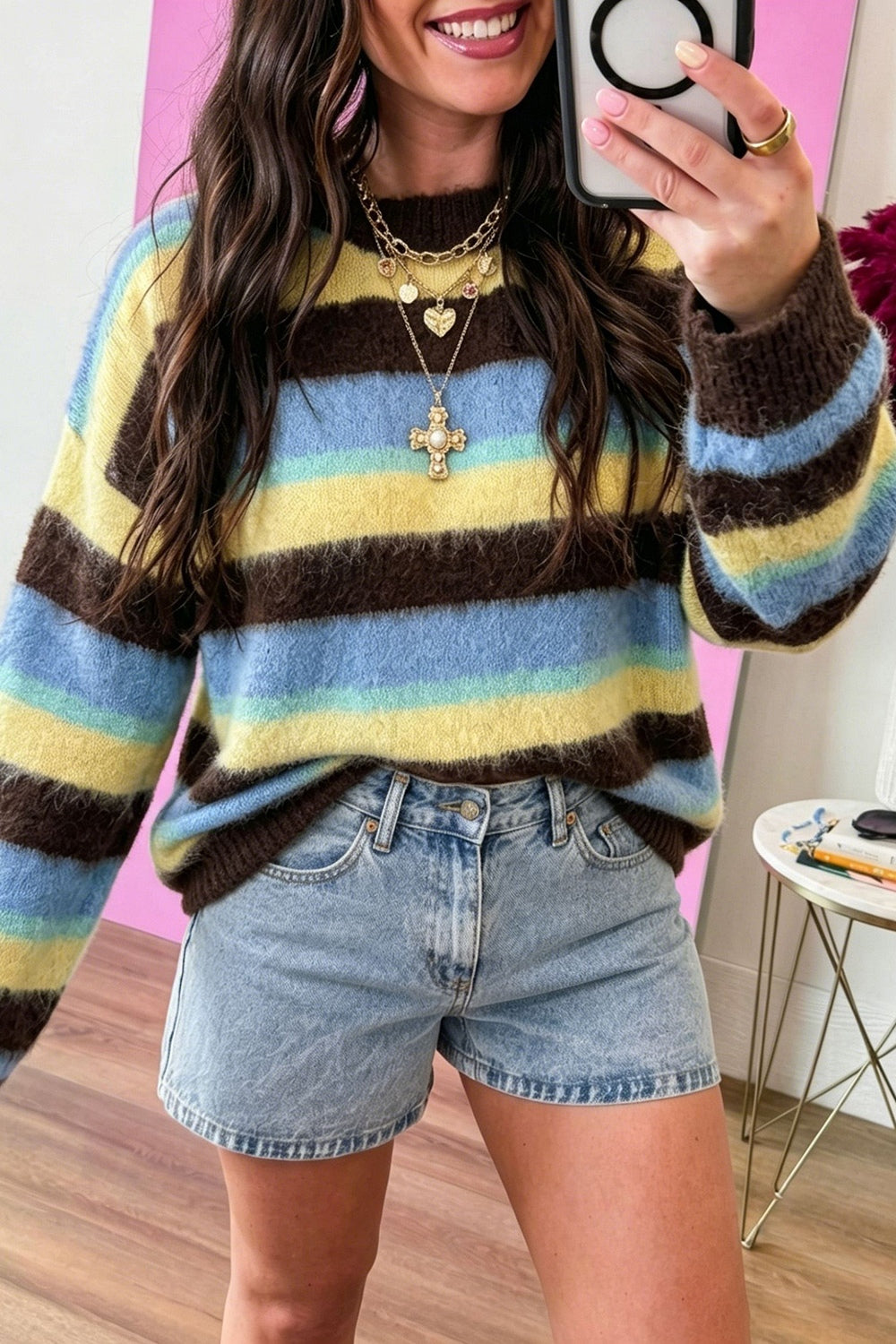 chocolate brown pullover sweater with striped and crew neck