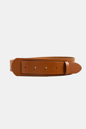 Sculpted leather waist belt in caramel with adjustable buckle closure.