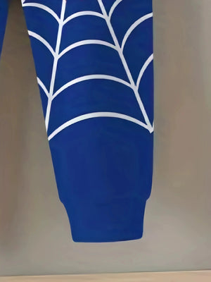 Blue baby pants with white spider web print and ribbed cuffs