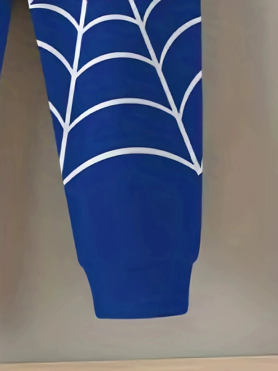 Blue baby pants with white spider web print and ribbed cuffs