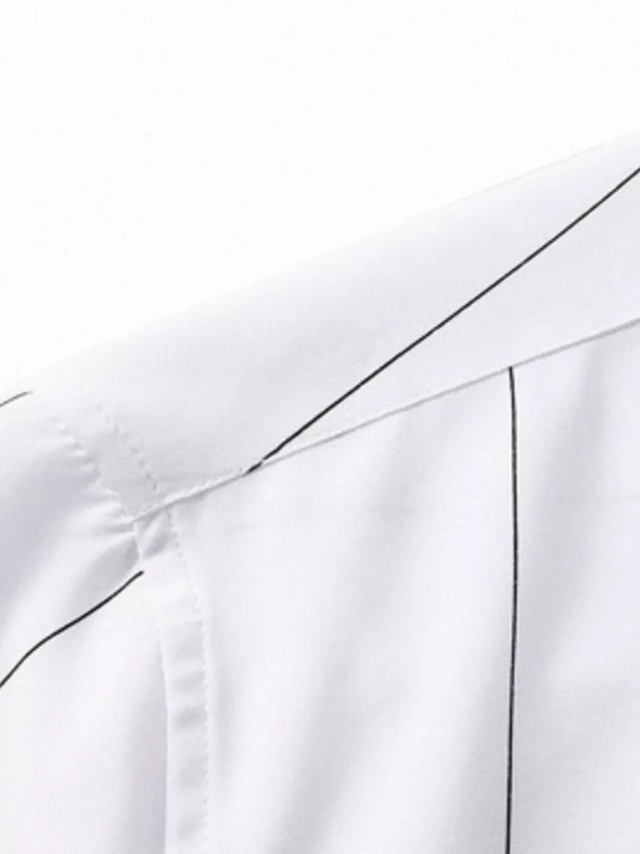 White cotton oversized pinstripe button-down shirt detail showing collar and stitching.