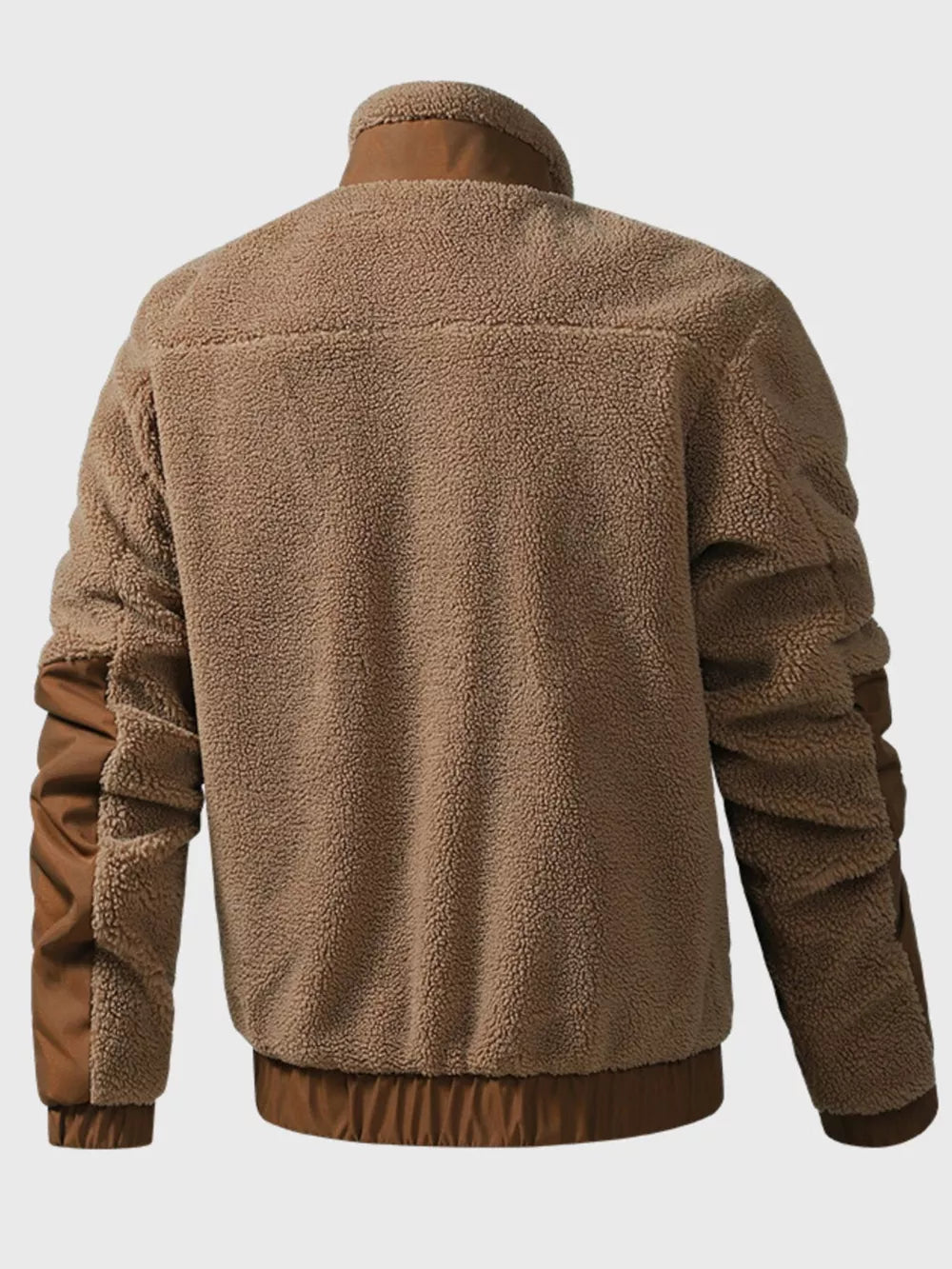 Brown sherpa fleece zip-up jacket with contrast sleeves and collar.