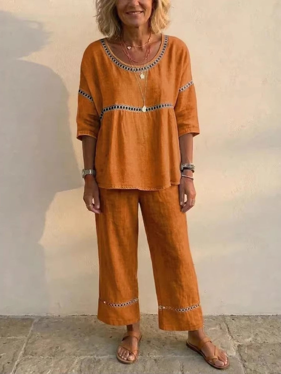Full Size Hollow-Out Top And Pants Set in Orange with cutout