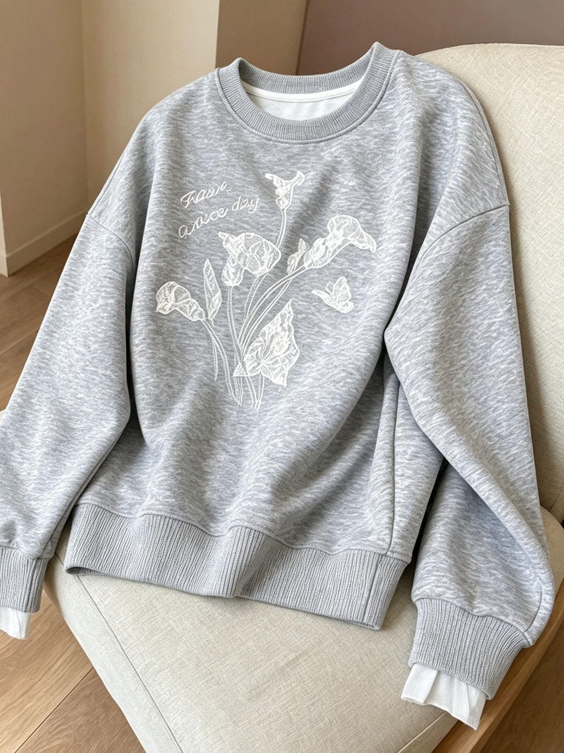 heather grey sweatshirt with floral and crew neck
