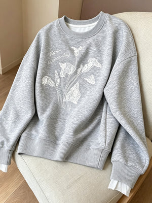 heather grey sweatshirt with floral and crew neck