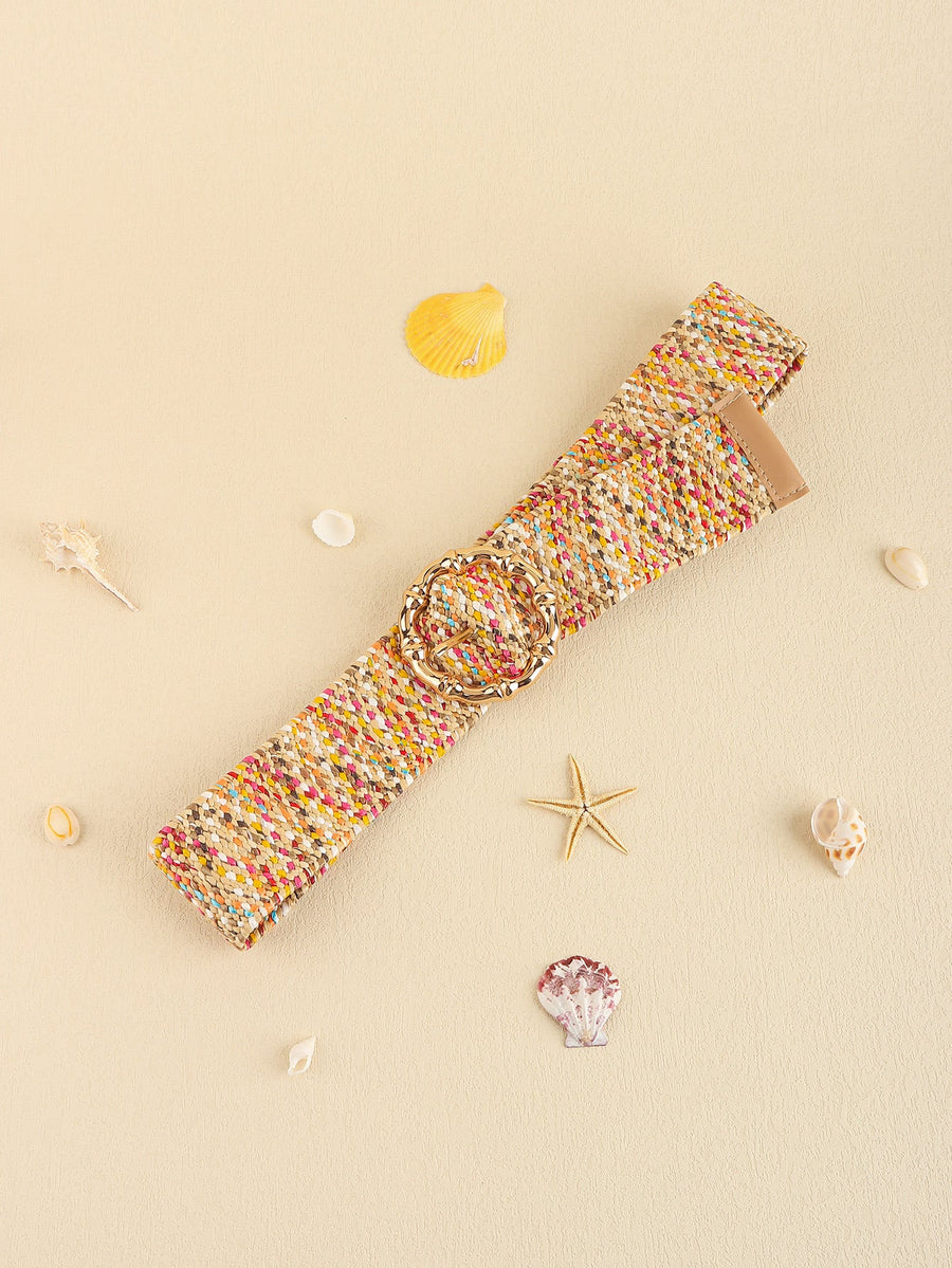 Woven raffia belt in multicolor with a sculpted gold buckle and tan leather trim.