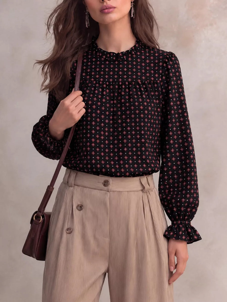 blouse featuring geometric in Brown with 100% polyester Care instructions: Machine wash cold texture