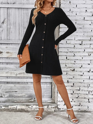 mini dress in Black with ribbed and decorative button