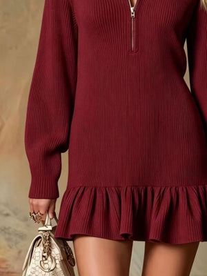 Ruffle Hem Half Zip Dress in Beige with ribbed