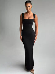 Black bodycon maxi dress with square neckline and sleeveless design.