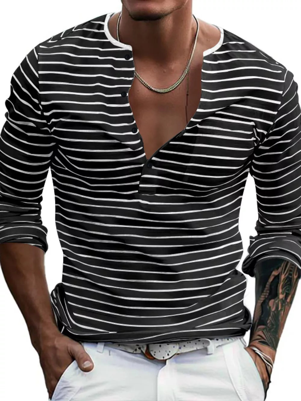 Men's Full Size Striped Long Sleeve Henley T-shirt in White