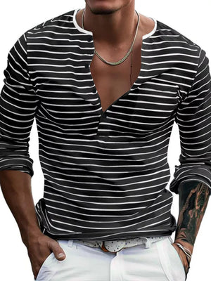 Men's Full Size Striped Long Sleeve Henley T-shirt in White