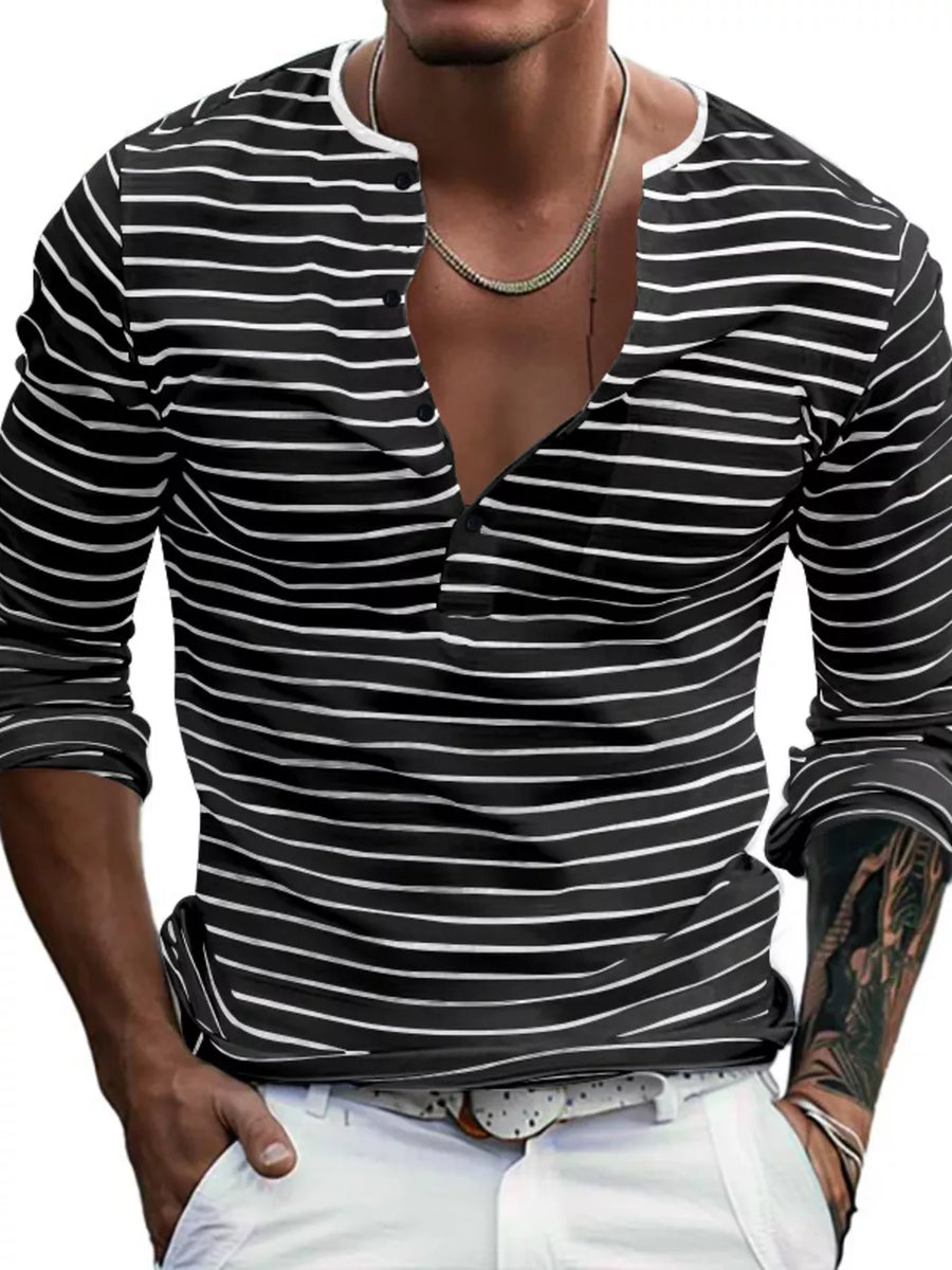 Men's Full Size Striped Long Sleeve Henley T-shirt in White