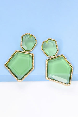 Resin facet drop earrings with gold trim in Neon Green.