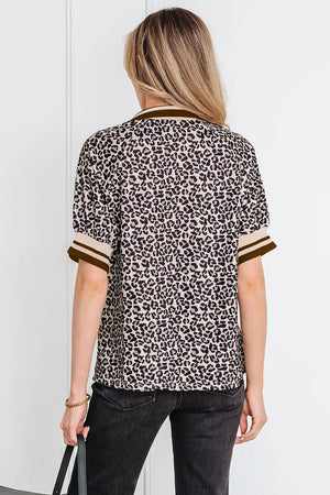 Gingham Striped Patchwork Half Zip Blouse in Coffee Brown
