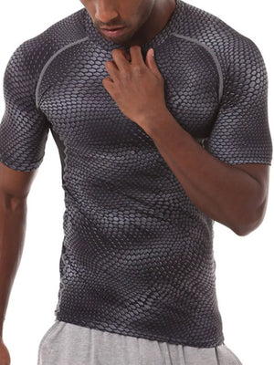 Men's dark gray snake print compression t-shirt with short sleeves and crew neck.